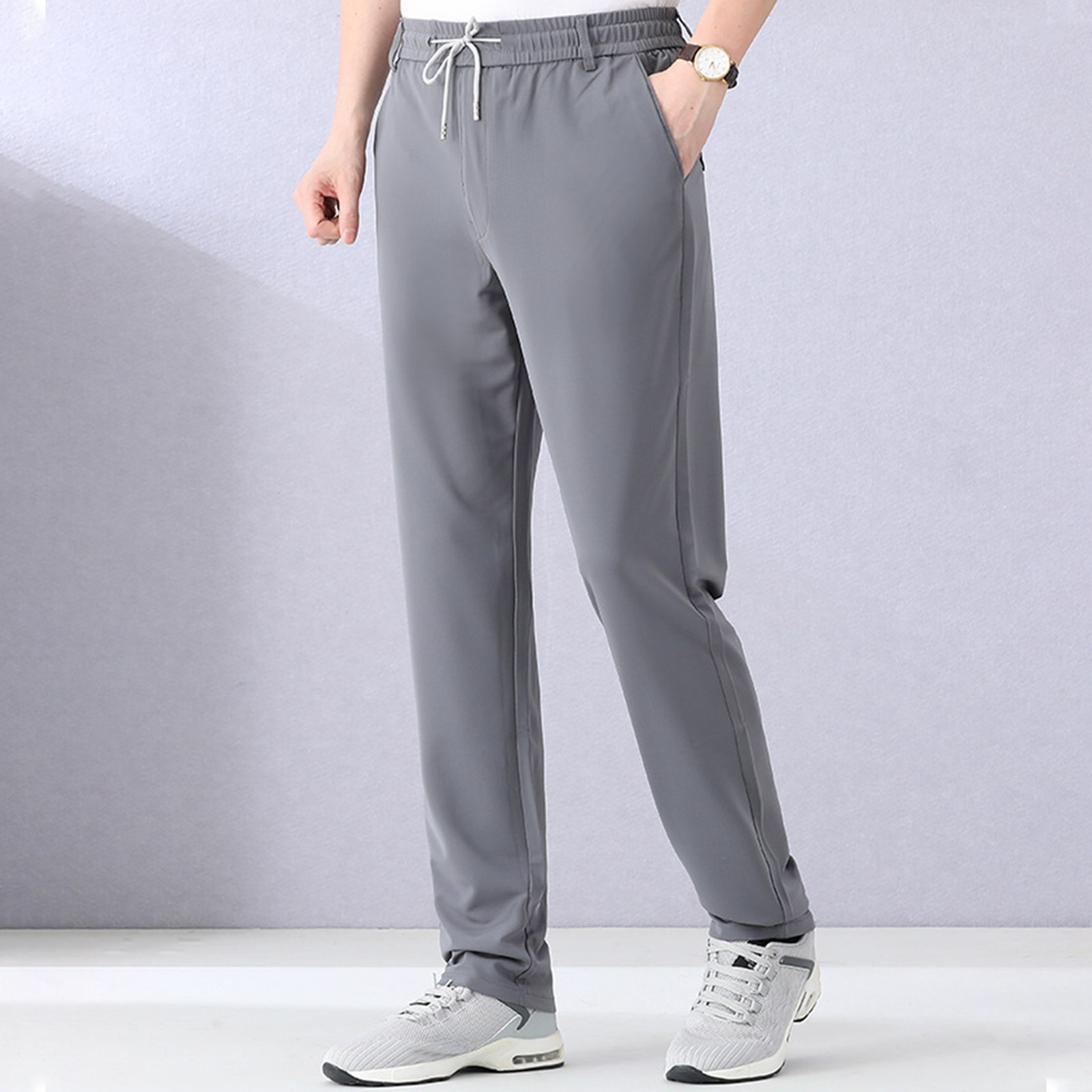 thumbnail image 2 of Pantalones de chándal de seda hielo para hombre - Pantalones deportivos holgados con bolsillos - Tejido de poliéster, cintura elástica, cintura alta, adecuados para el gimnasio y el uso diario, 2 of 6